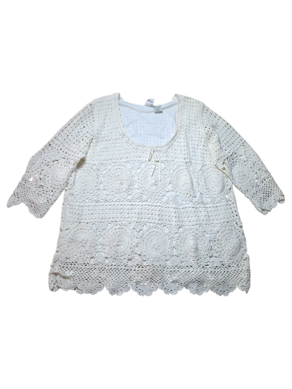 ROAMAN’S | Ivory Crochet Medallion Tunic Top Boho Cotton Ramie Scallop Trim | 1X